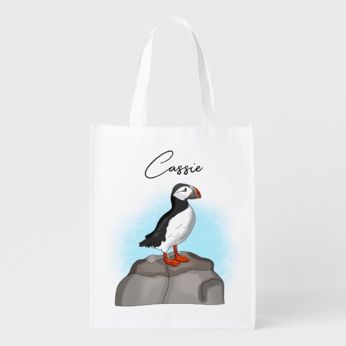 Personalized Cute Hand drawn Puffin Grocery Bag