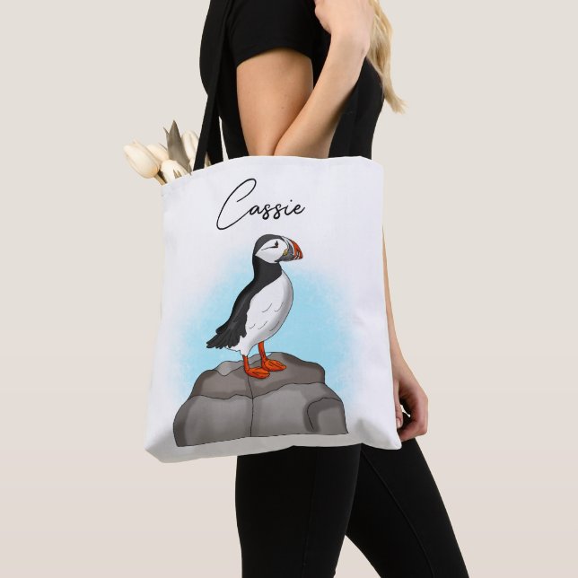 Personalized Cute Hand drawn Puffin Tote Bag (Close Up)