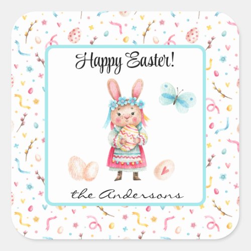 Personalized Cute Happy Easter Miss Bunny 15 Square Sticker
