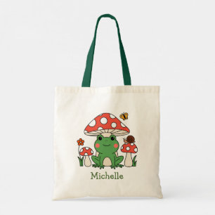 Personalized Cute Happy Green Frog and Mushrooms Tote Bag