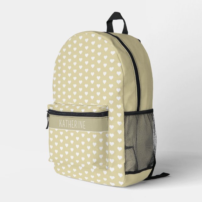 Personalized Cute Hearts Pattern Tan Shade Printed Backpack (Back Corner Right)