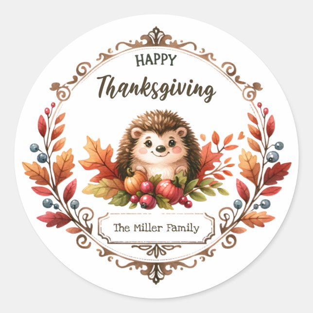 Personalized Cute Hedgehog Happy Thanksgiving  Classic Round Sticker (Front)