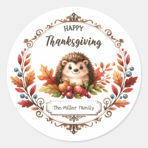 Personalized Cute Hedgehog Happy Thanksgiving Classic Round Sticker