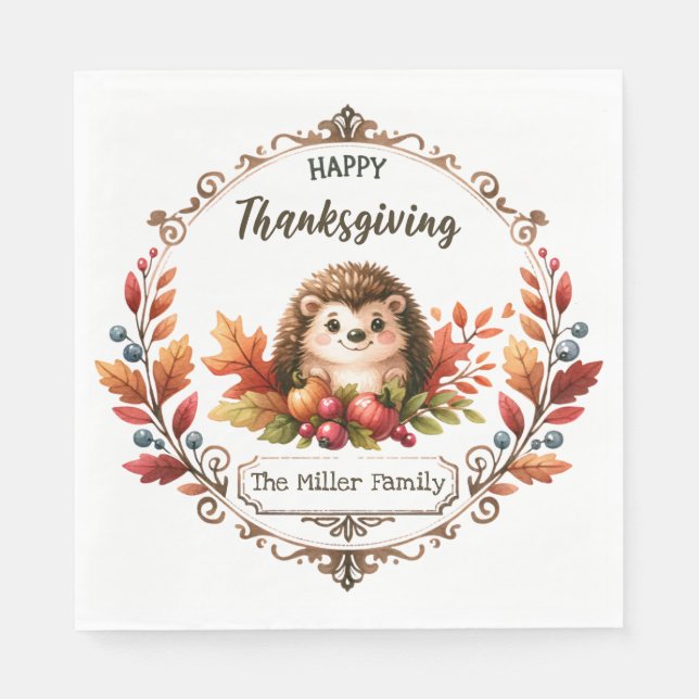 Personalized Cute Hedgehog Happy Thanksgiving  Napkins (Front)