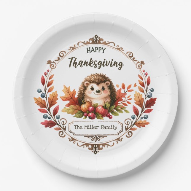 Personalized Cute Hedgehog Happy Thanksgiving  Paper Plates (Front)