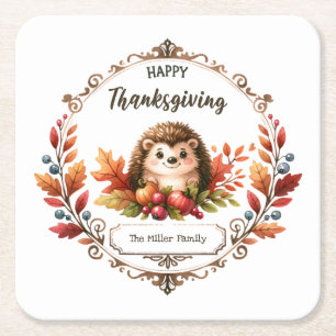 Personalized Cute Hedgehog Happy Thanksgiving Square Paper Coaster