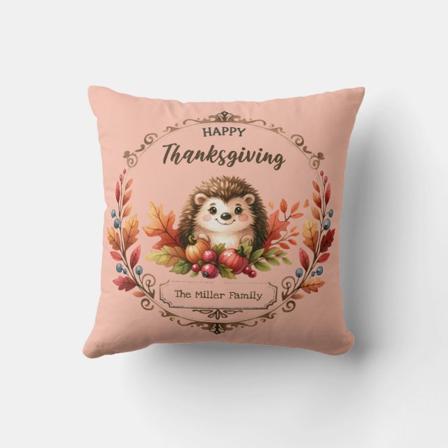 Personalized Cute Hedgehog Happy Thanksgiving Throw Pillow (Back)