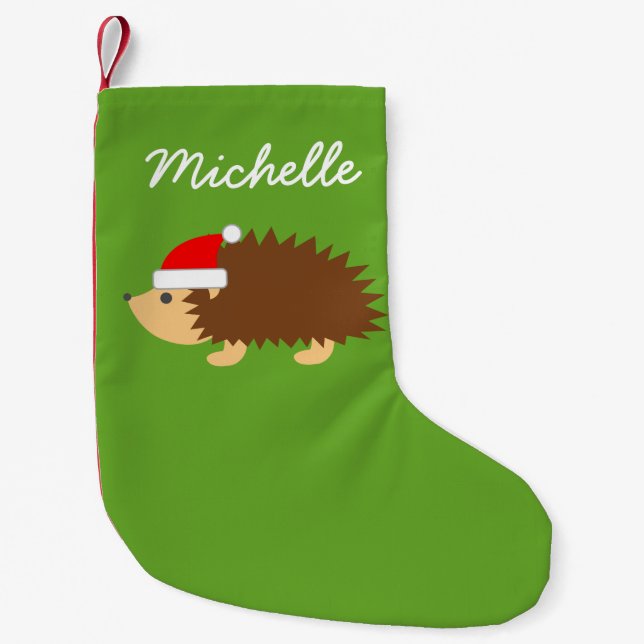 Personalized cute hedgehog santa hat kids Holiday Small Christmas Stocking (Front)