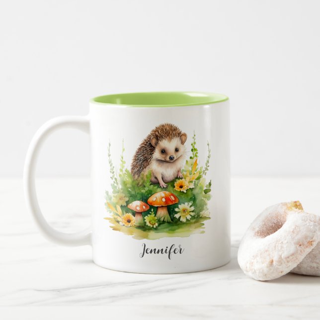 Personalized Cute Hedgehog Two-Tone Coffee Mug (With Donut)