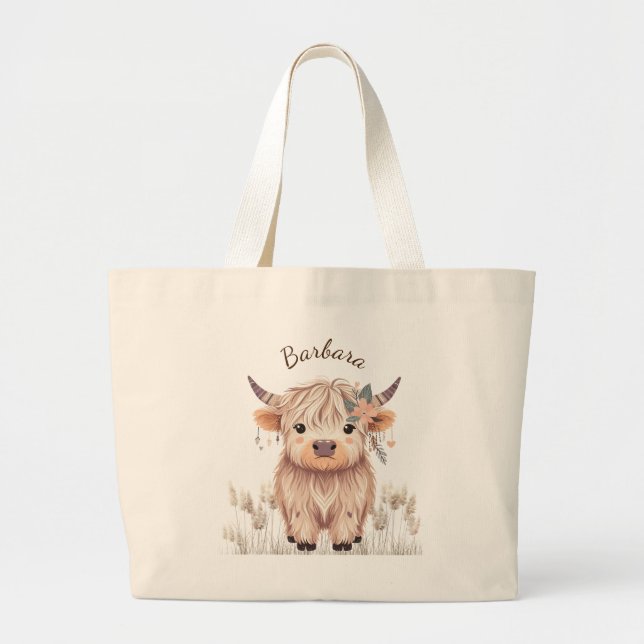 Personalized Cute Highland Cow Name Design Large Tote Bag (Front)