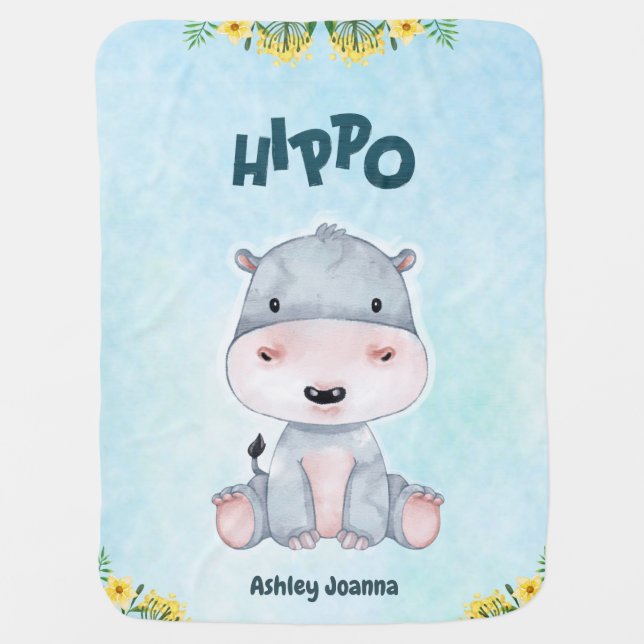 Personalized Cute Hippo Nursery Room Baby Blanket (Front)