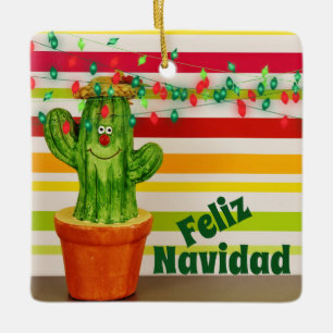 Personalized Cute Holiday Cactus Feliz Navidad Ceramic Ornament