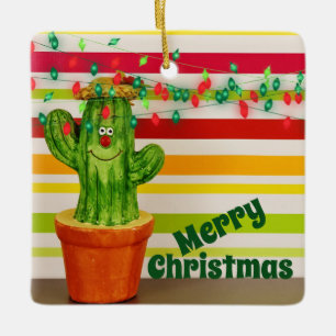 Personalized Cute Holiday Cactus Merry Christmas Ceramic Ornament