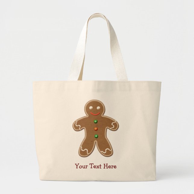 Personalized Cute Holiday Gingerbread Man Large Tote Bag (Front)