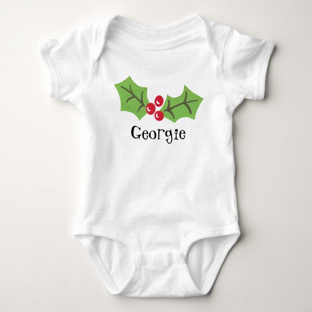 Personalized Cute Holly & Berries Christmas Baby Bodysuit (Front)