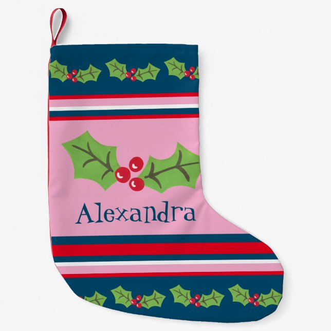 Personalized Cute Holly & Berries Small Christmas Stocking (Front)