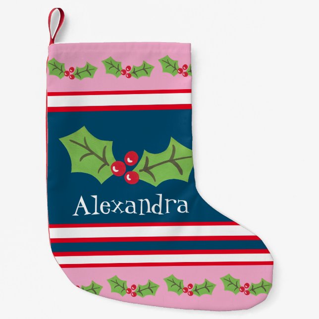 Personalized Cute Holly & Berries Small Christmas Stocking (Front)