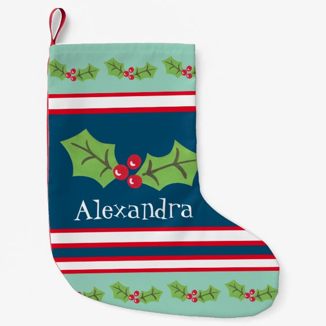 Personalized Cute Holly & Berries Small Christmas Stocking (Front)