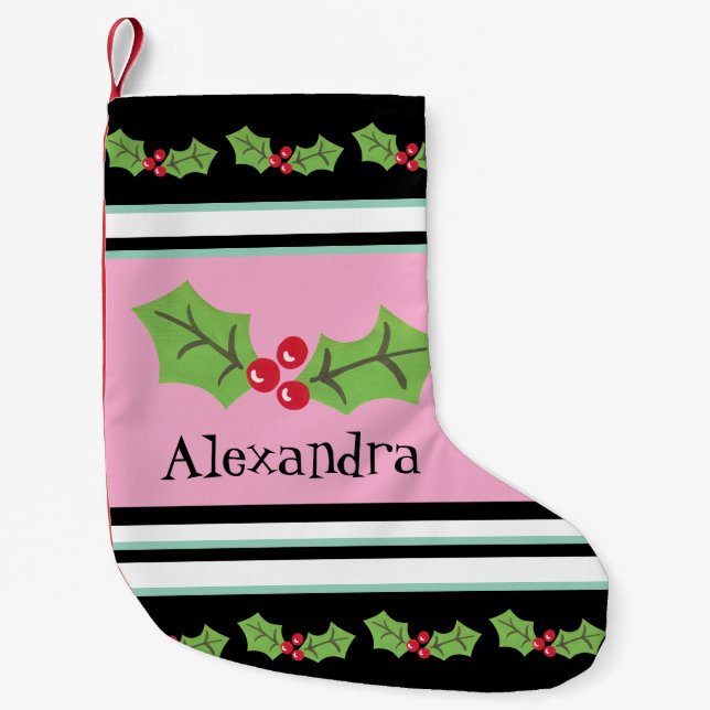 Personalized Cute Holly & Berries Small Christmas Stocking (Front)
