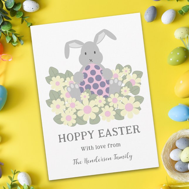 Personalized Cute Hoppy Easter Bunny Floral Holiday Card (Personalized cute hoppy Easter bunny floral holiday greetings card)