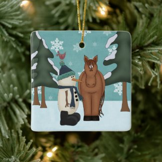 Personalized Cute Horse and Snowman Christmas Ceramic Ornament