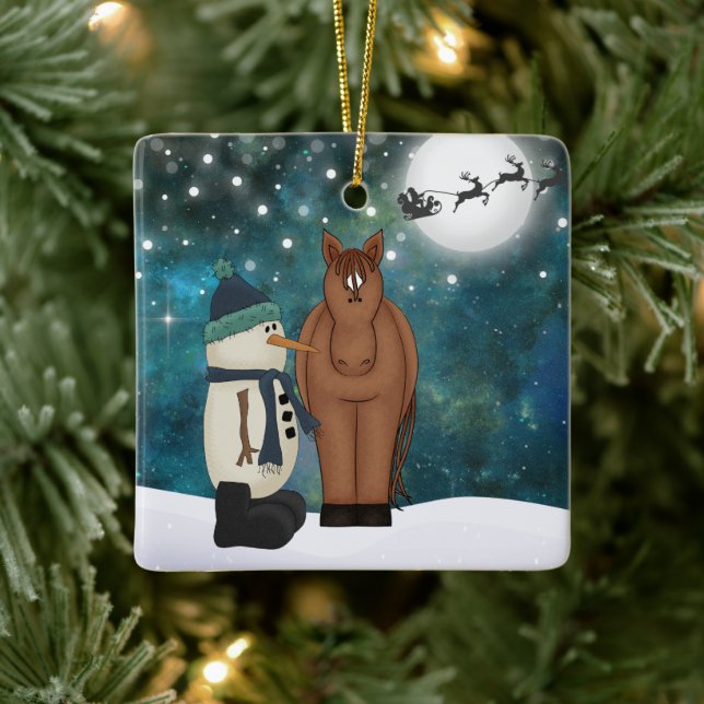 Personalized Cute Horse and Snowman Christmas Ceramic Ornament (Tree)