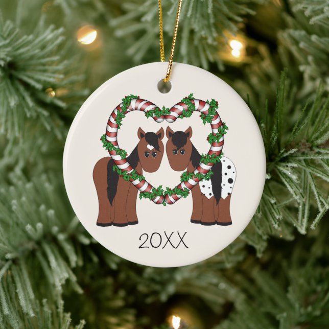 Personalized Cute Horse Couple Christmas Ceramic Ornament (Tree)