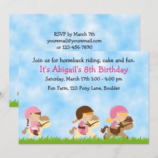 Personalized Cute Horseback Riding Girls Birthday Invitation (Front/Back)
