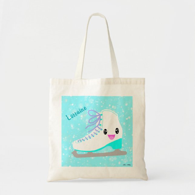 Personalized Cute Ice Skate Kawaii Blue Skating Tote Bag (Front)