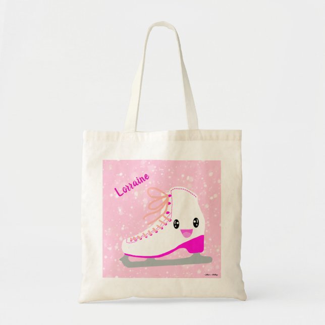 Personalized Cute Ice Skate Kawaii Pink Skating Tote Bag (Front)