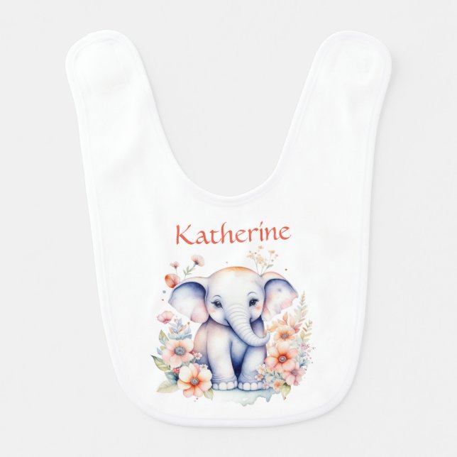 Personalized Cute Illustration of a Baby Elephant Baby Bib (Front)