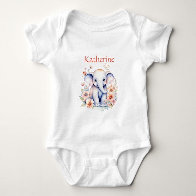 Personalized Cute Illustration of a Baby Elephant Baby Bodysuit (Front)