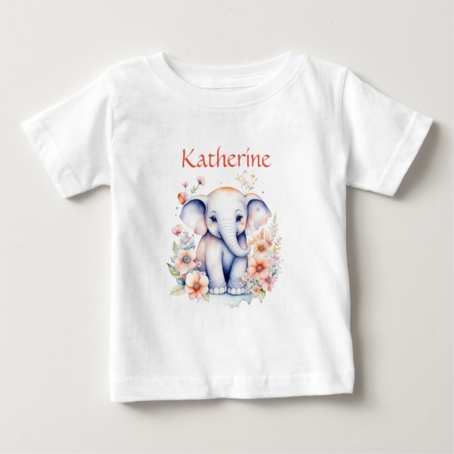 Personalized Cute Illustration of a Baby Elephant Baby T-Shirt (Front)