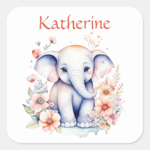 Personalized Cute Illustration of a Baby Elephant Square Sticker