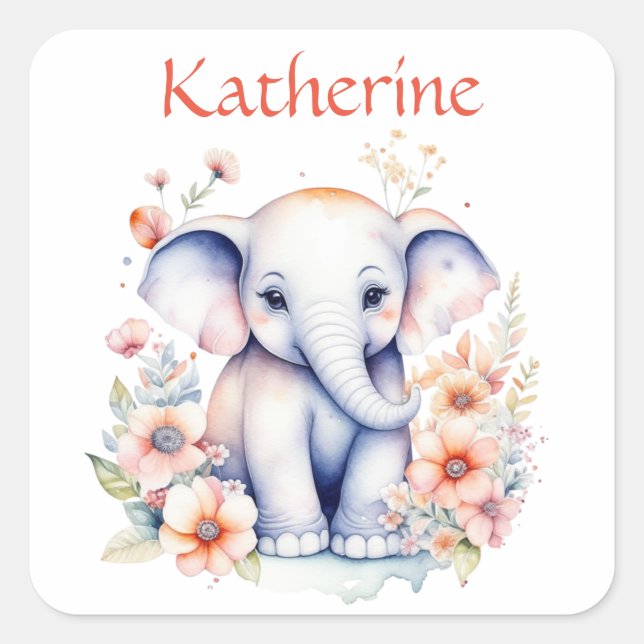 Personalized Cute Illustration of a Baby Elephant Square Sticker (Front)
