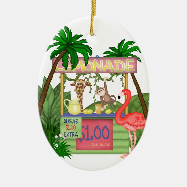 Personalized Cute Jungle Animals Lemonade Stand Ceramic Ornament (Front)