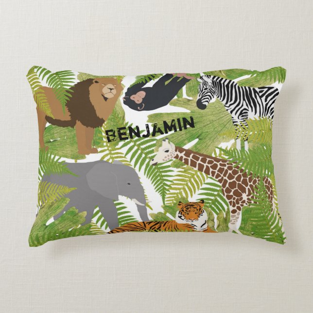 Personalized Cute Jungle Animals Safari Boy | Girl Accent Pillow (Front)