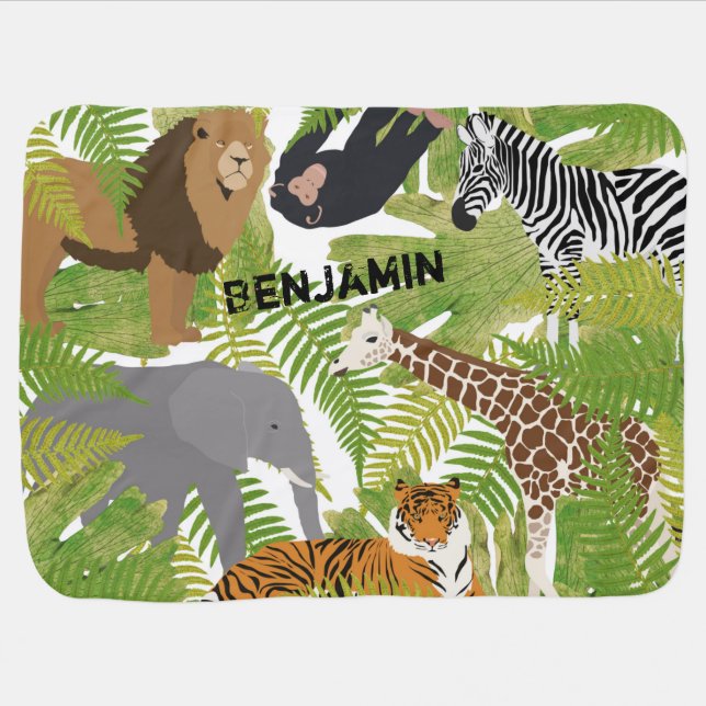 Personalized Cute Jungle Animals Safari Boy | Girl Baby Blanket (Horizontal)