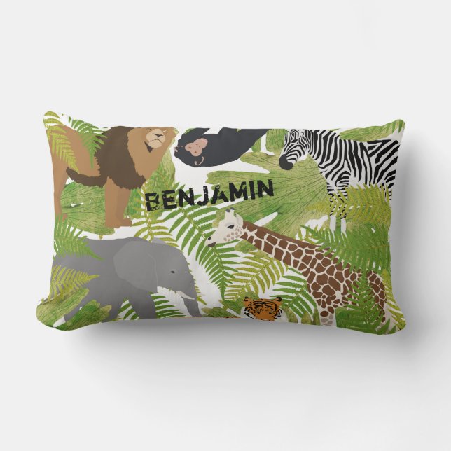 Personalized Cute Jungle Animals Safari Boy | Girl Lumbar Pillow (Front)