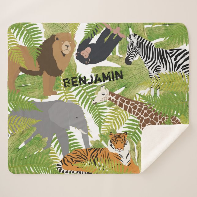 Personalized Cute Jungle Animals Safari Boy | Girl Sherpa Blanket (Front (Horizontal))