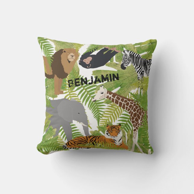 Personalized Cute Jungle Animals Safari Boy | Girl Throw Pillow (Front)