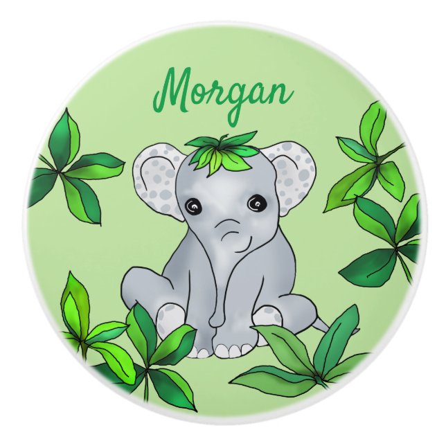 Personalized Cute Jungle Baby Elephant with Leaves Ceramic Knob (Front)