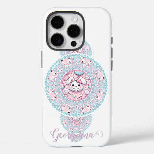 Personalized Cute Kawaii Bunny Ornamental Mandala iPhone 16 Pro Case