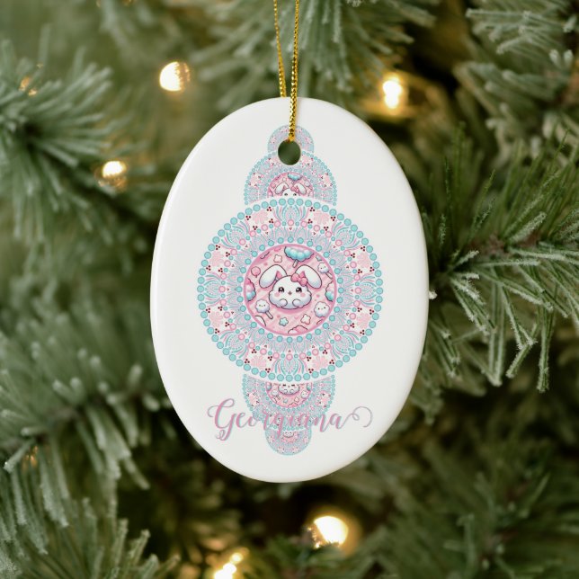 Personalized Cute Kawaii Bunny Ornamental Mandala Ceramic Ornament (Tree)