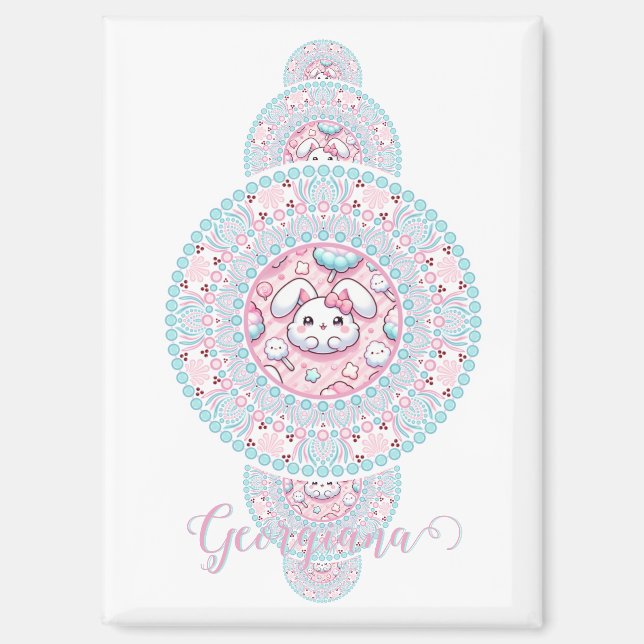 Personalized Cute Kawaii Bunny Ornamental Mandala Magnet (Front)