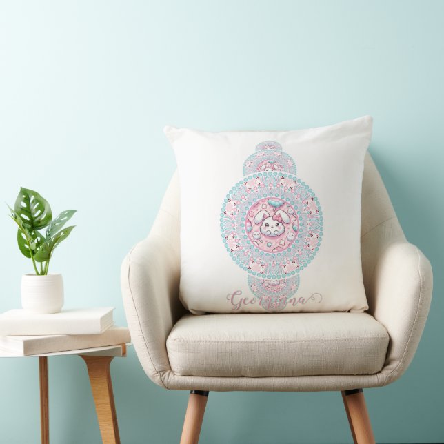Personalized Cute Kawaii Bunny Ornamental Mandala Throw Pillow (Chair)