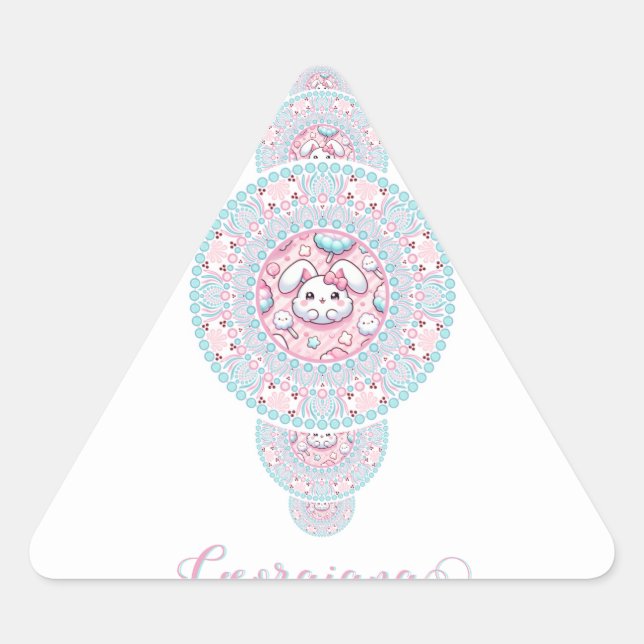 Personalized Cute Kawaii Bunny Ornamental Mandala Triangle Sticker (Front)
