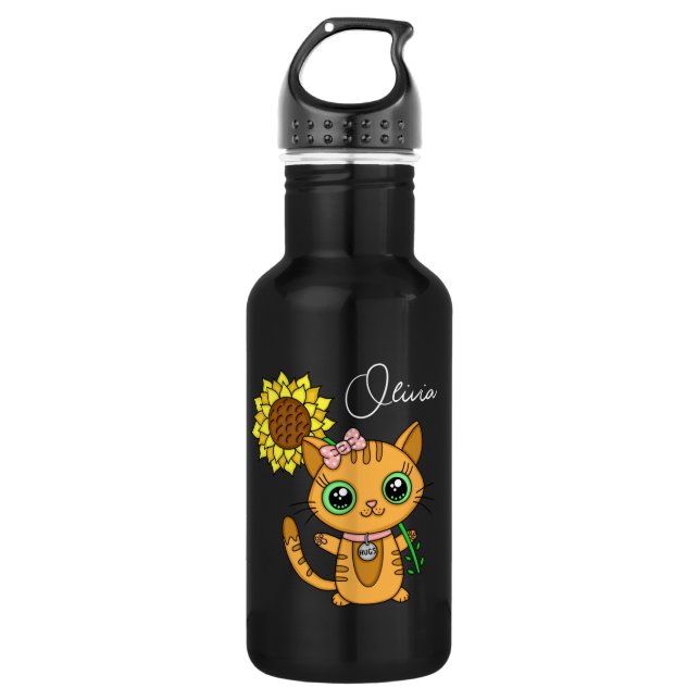 Personalized Cute Kawaii Cat Holding Flower   Stainless Steel Water Bottle (Front)