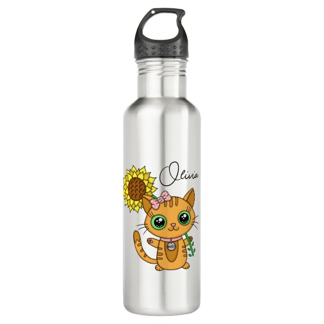 Personalized Cute Kawaii Cat Holding Flower   Stainless Steel Water Bottle (Front)