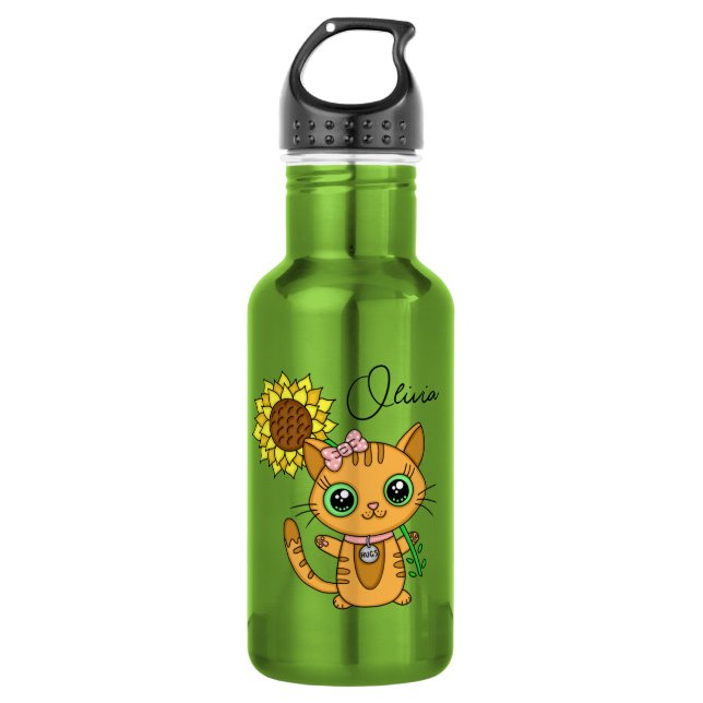 Personalized Cute Kawaii Cat Holding Flower    Stainless Steel Water Bottle (Front)